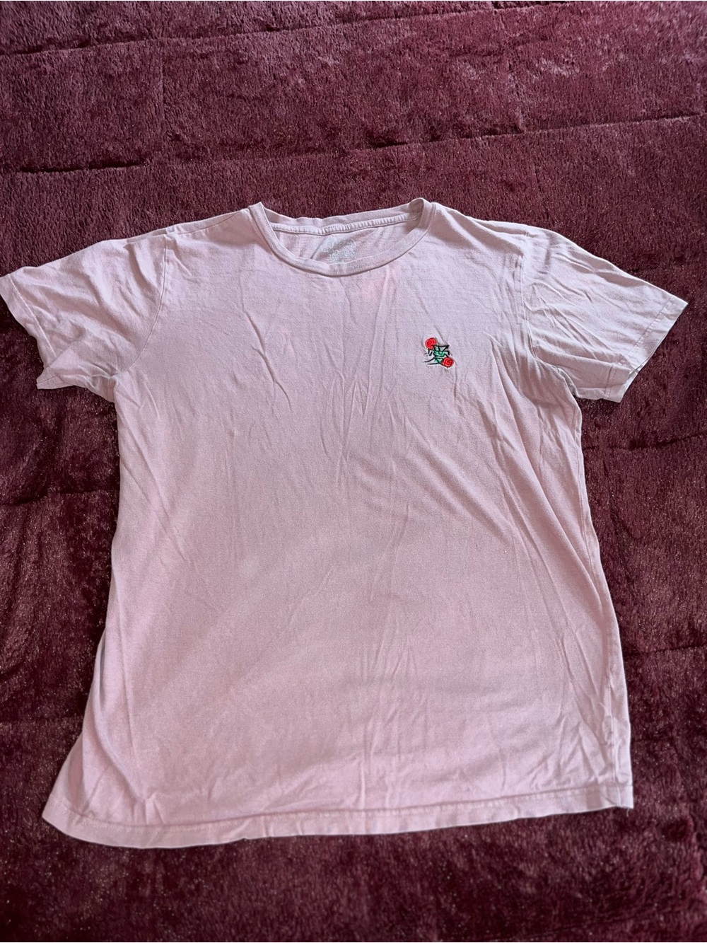 Soft Pink Tee with Small Rose Embroidery